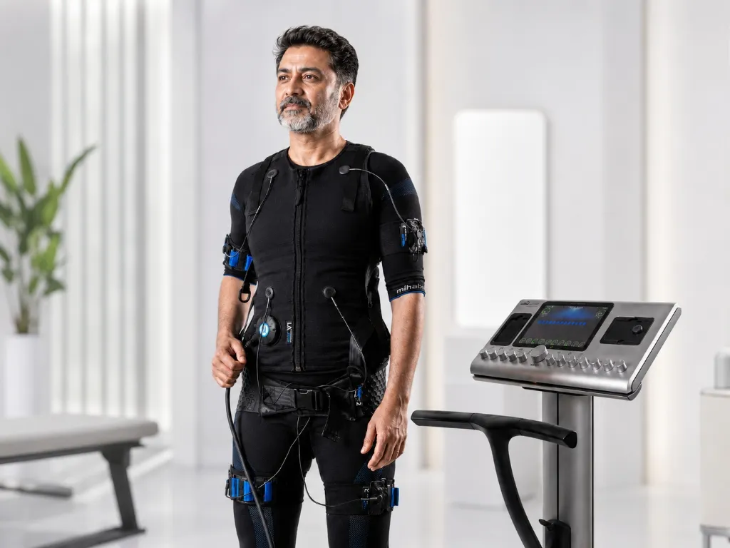 Man wearing EMS suit standing next to console