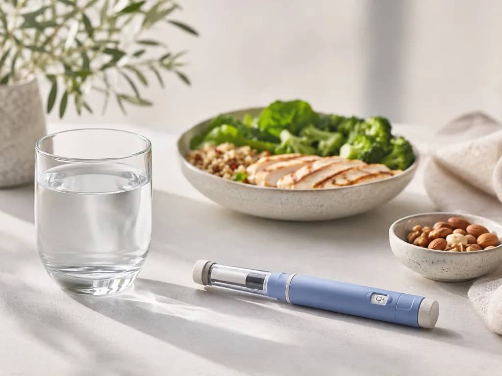 GLP-1 injector pen with healthy meal and water
