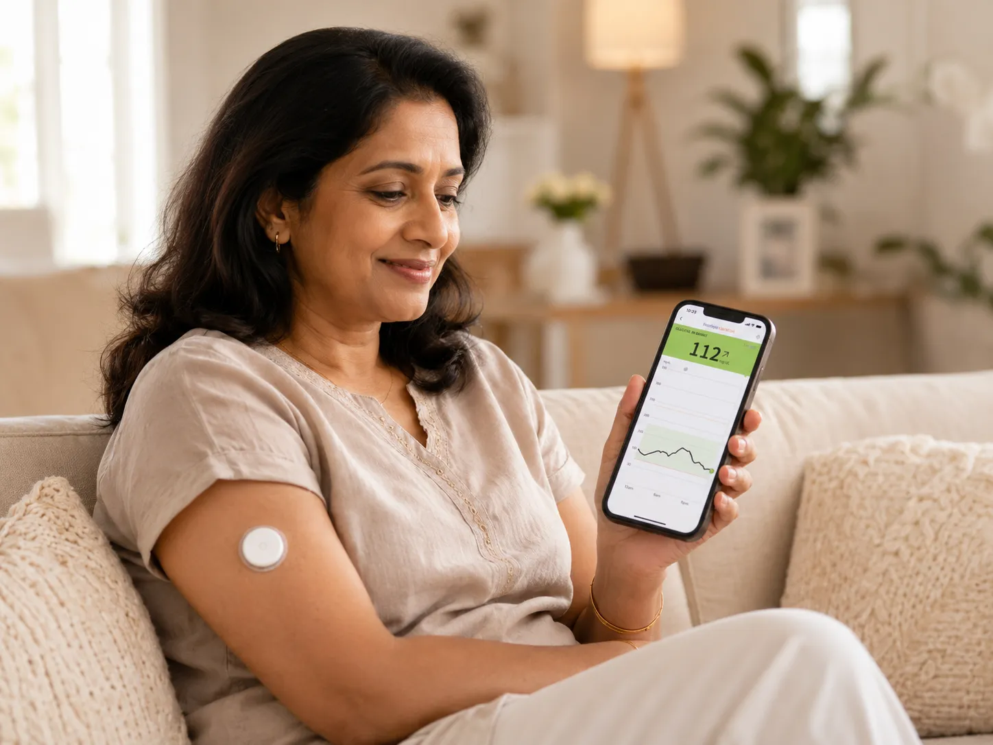 Patient wearing a Continuous Glucose Monitoring (CGM) sensor and tracking real-time metabolic data on her phone