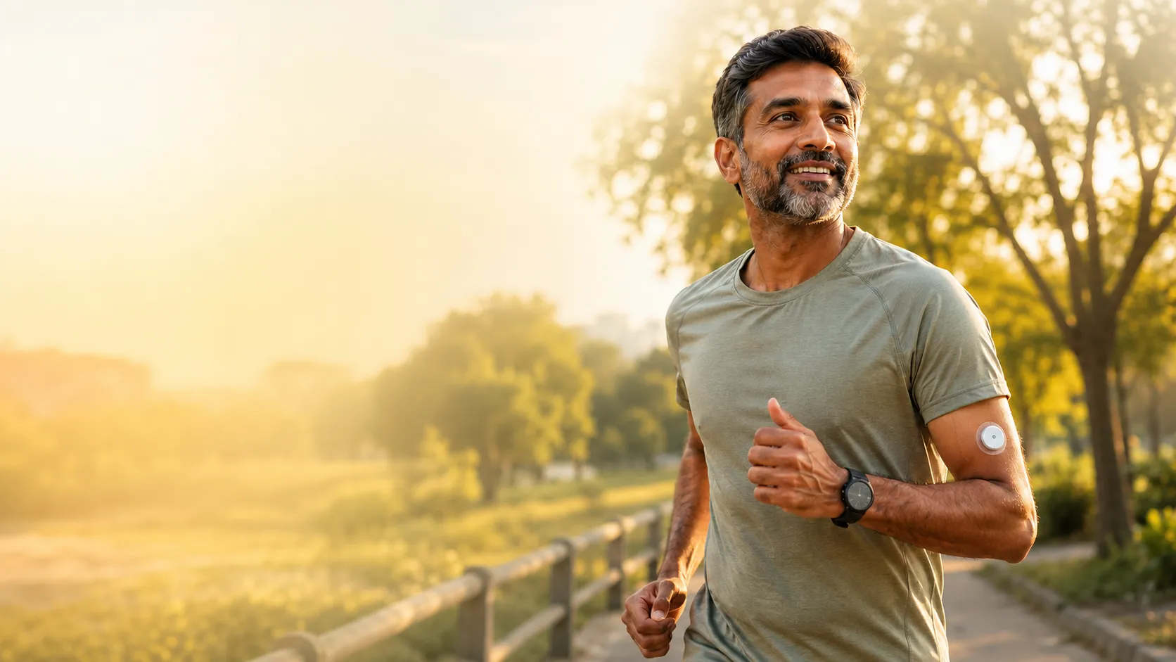 A smiling man jogging outdoors with a continuous glucose monitor on his arm participating in Lyxaa metabolic health program