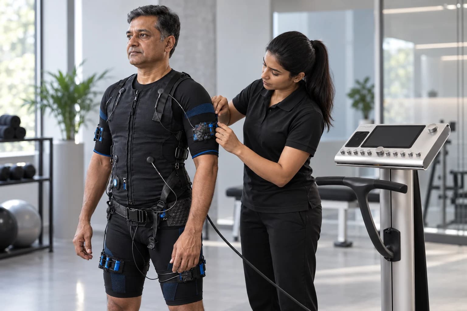 EMS trainer checking the suit fit and electrode contacts before a first supervised whole-body EMS session