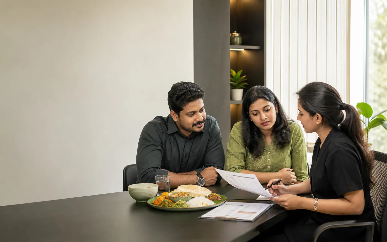 A Lyxaa clinical dietitian discussing a personalised nutrition plan with two adults in Kozhikode