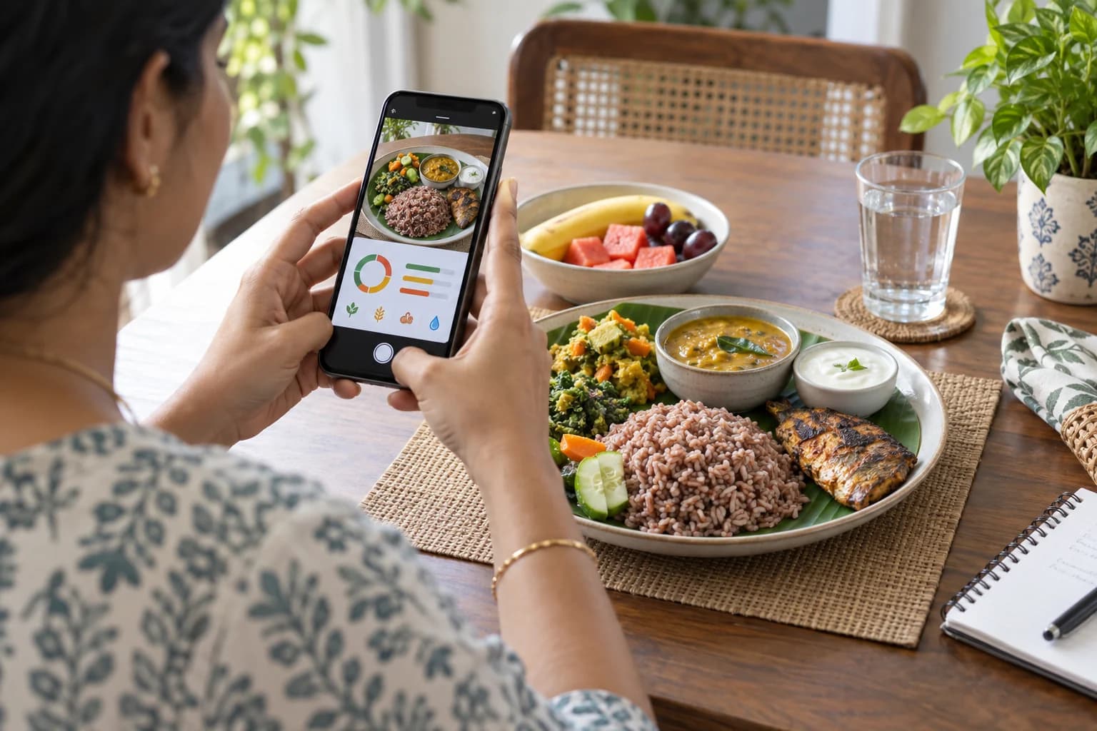An Indian adult photographing a balanced Kerala meal for nutrition follow-up
