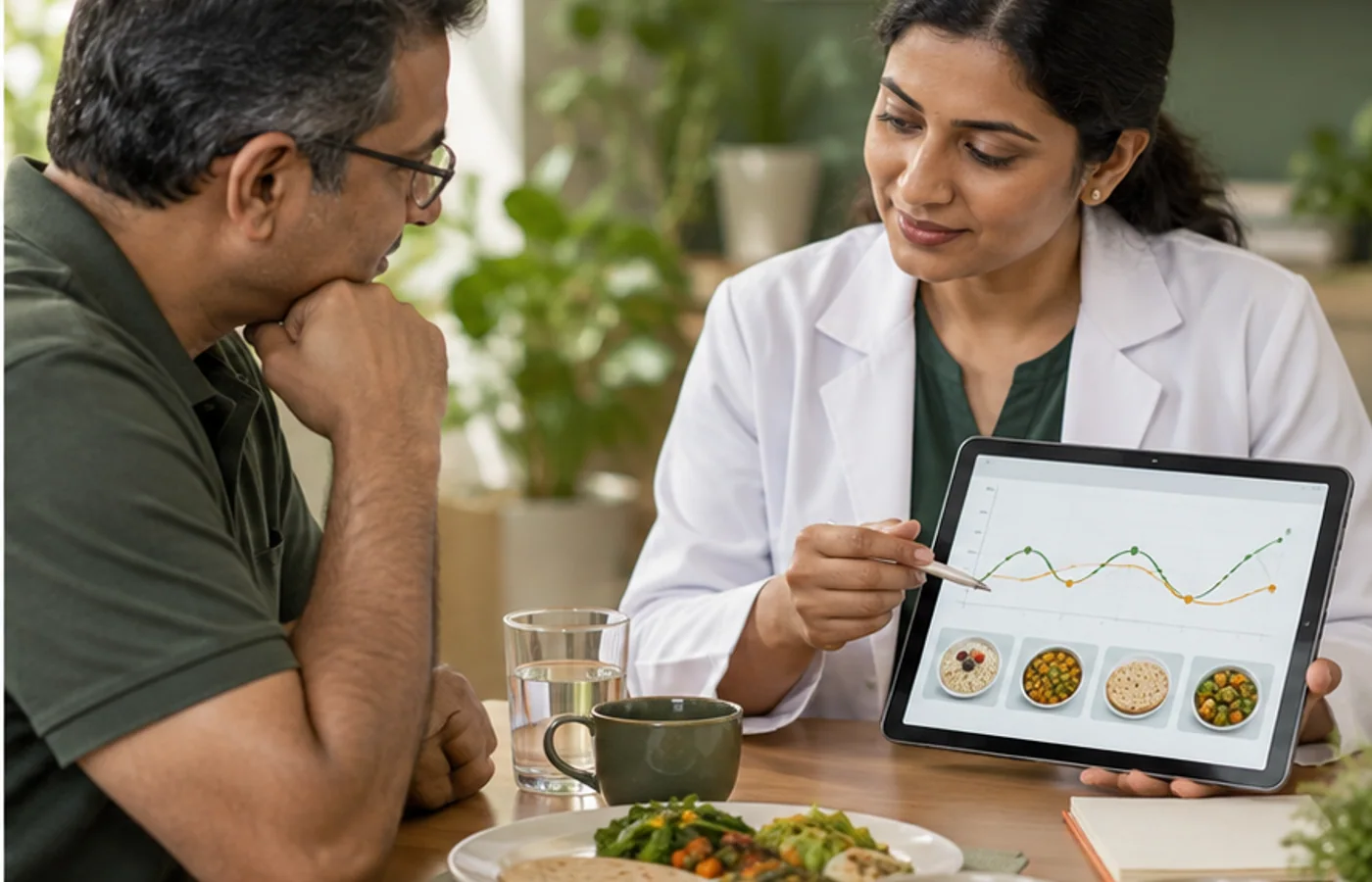 Clinical dietitian reviewing glucose patterns and Indian meal choices with an adult
