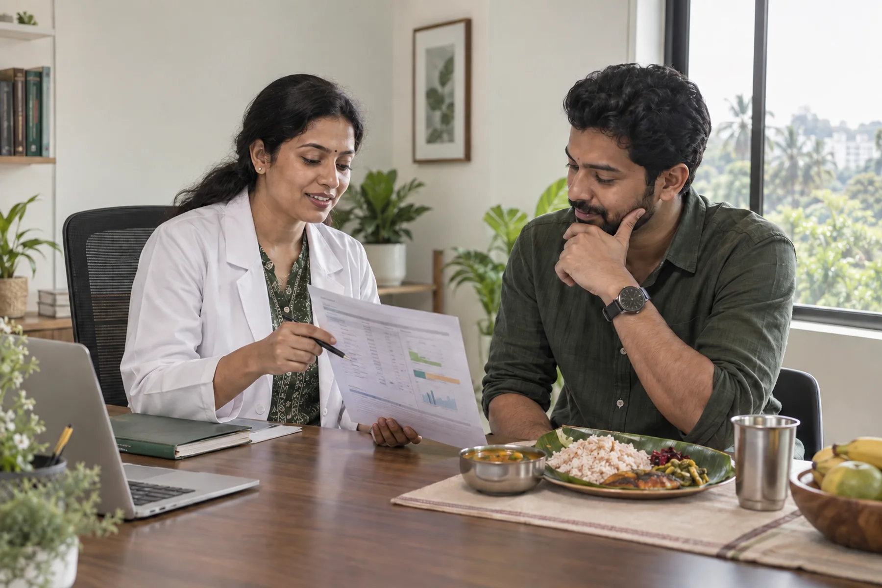 Clinical dietitian explaining current blood test results beside a balanced Kerala meal in Kozhikode
