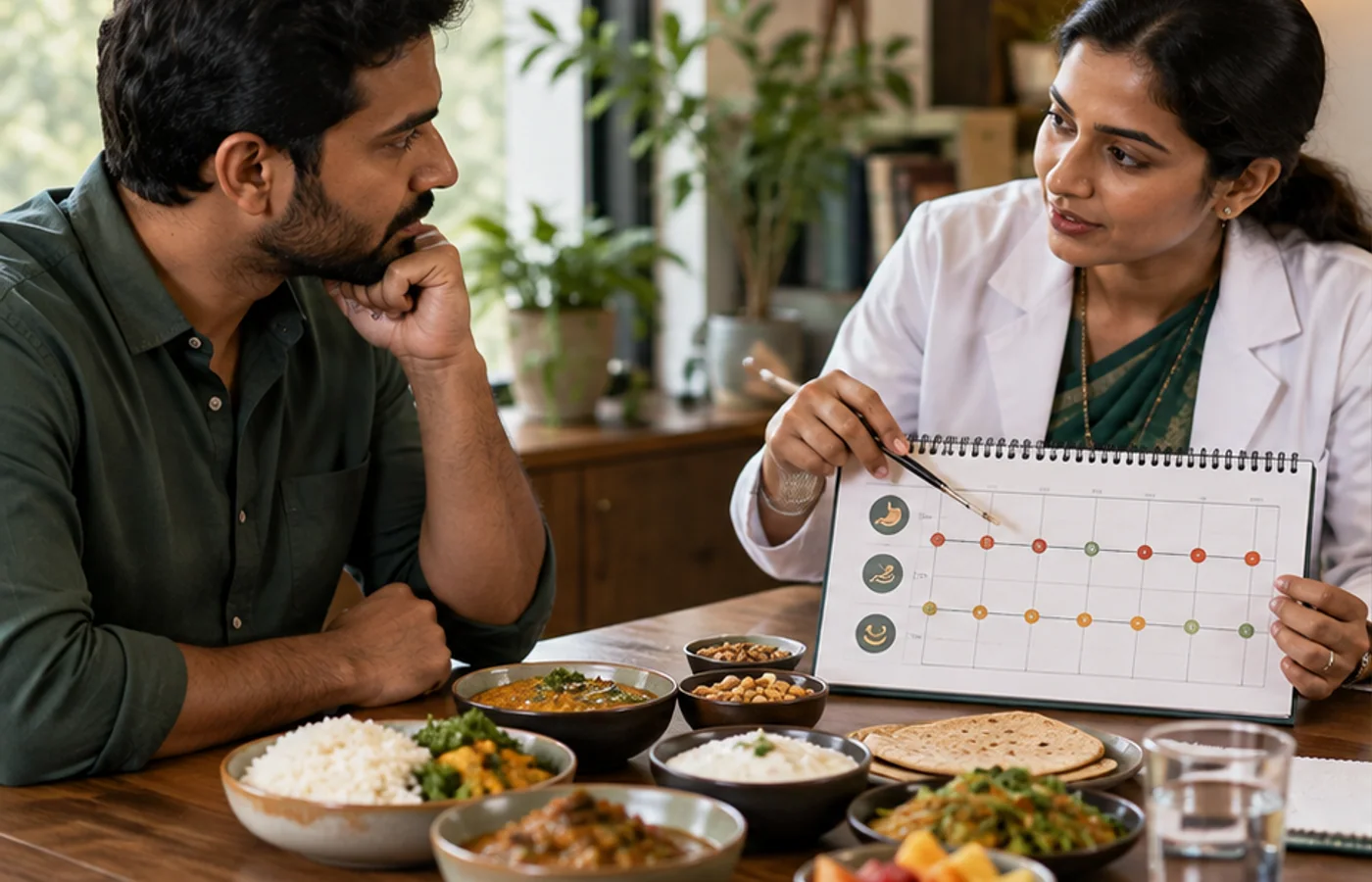Clinical dietitian discussing digestive symptoms and varied Indian foods with an adult