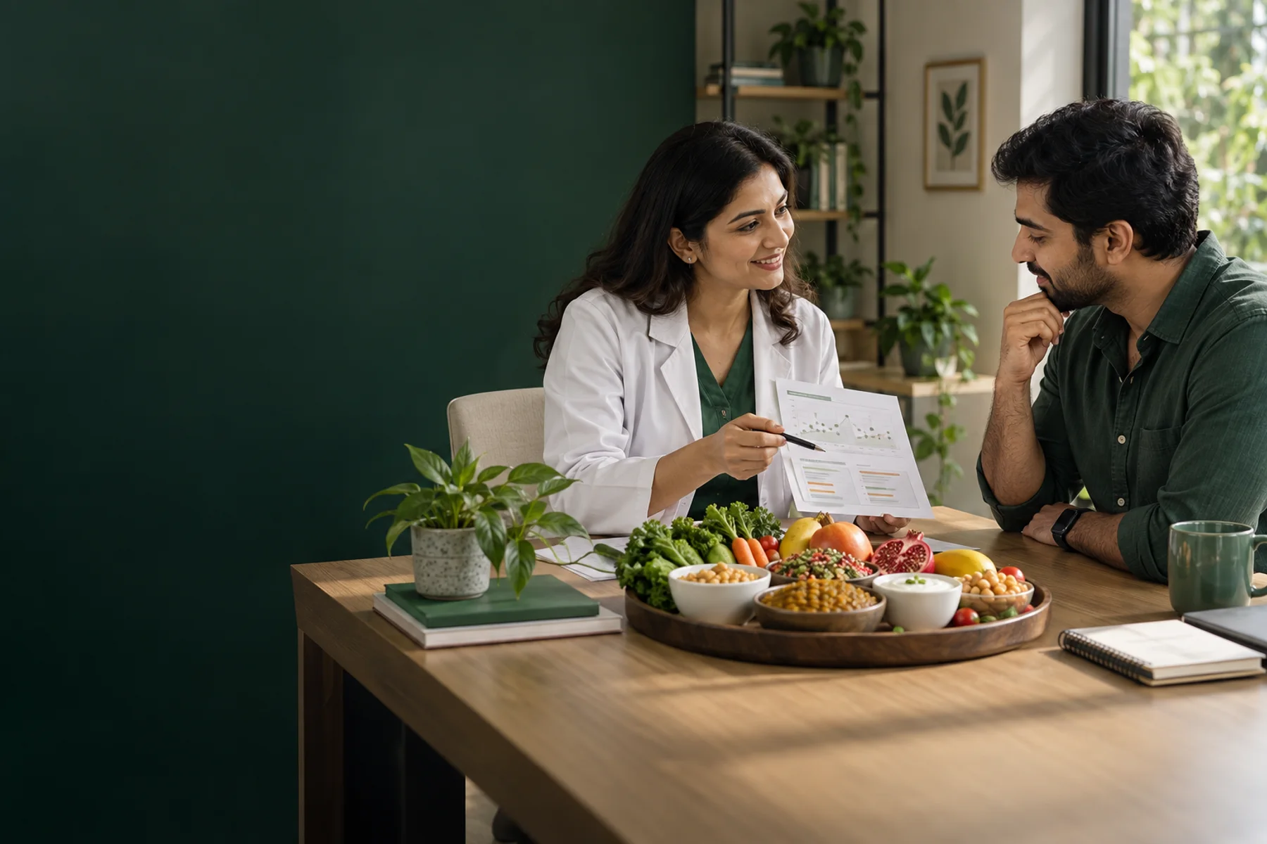 Lyxaa clinical dietitian reviewing gut symptoms, a microbiome report and varied Indian plant foods with a client
