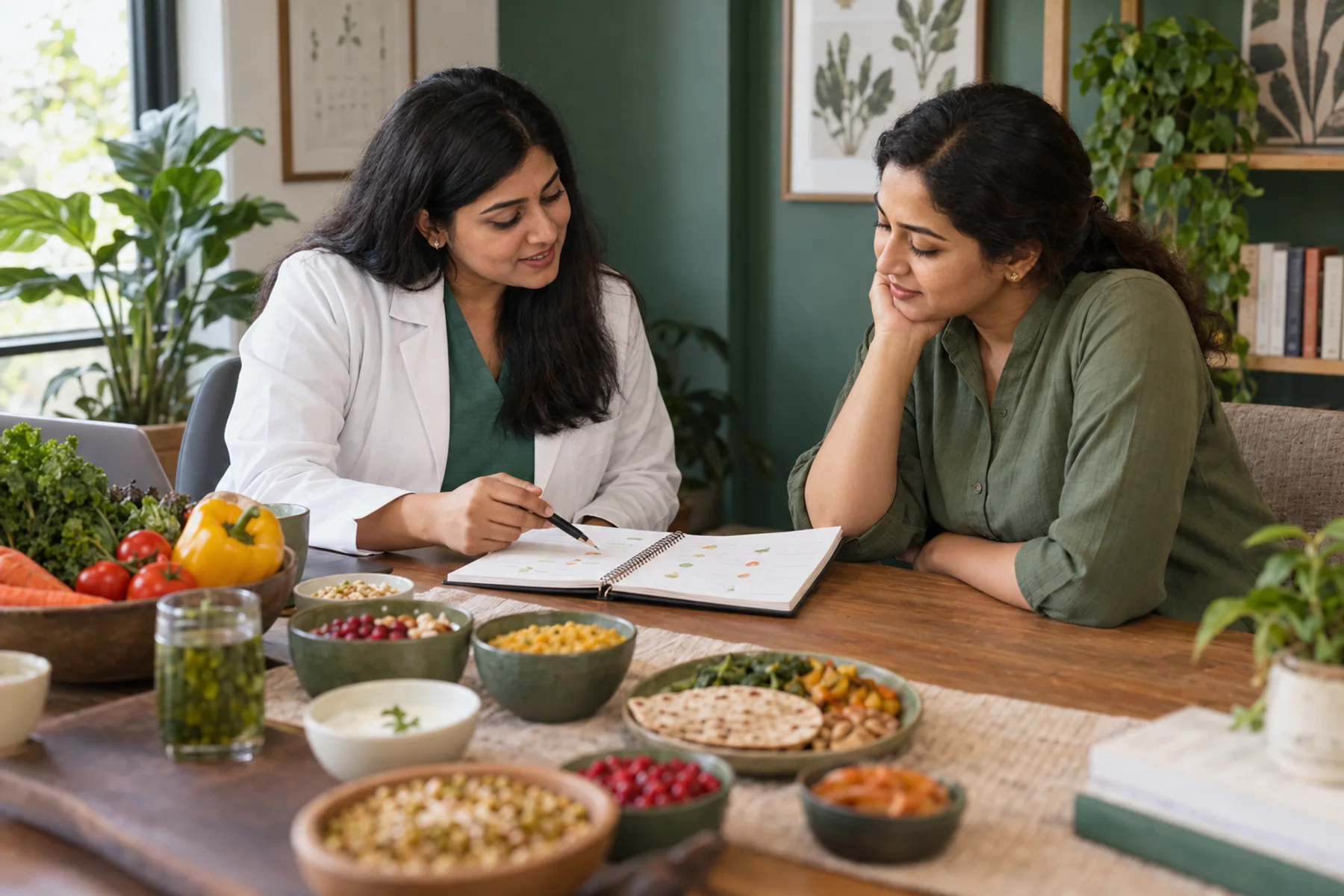Dietitian reviewing a gut symptom timeline and varied Indian plant foods with a client