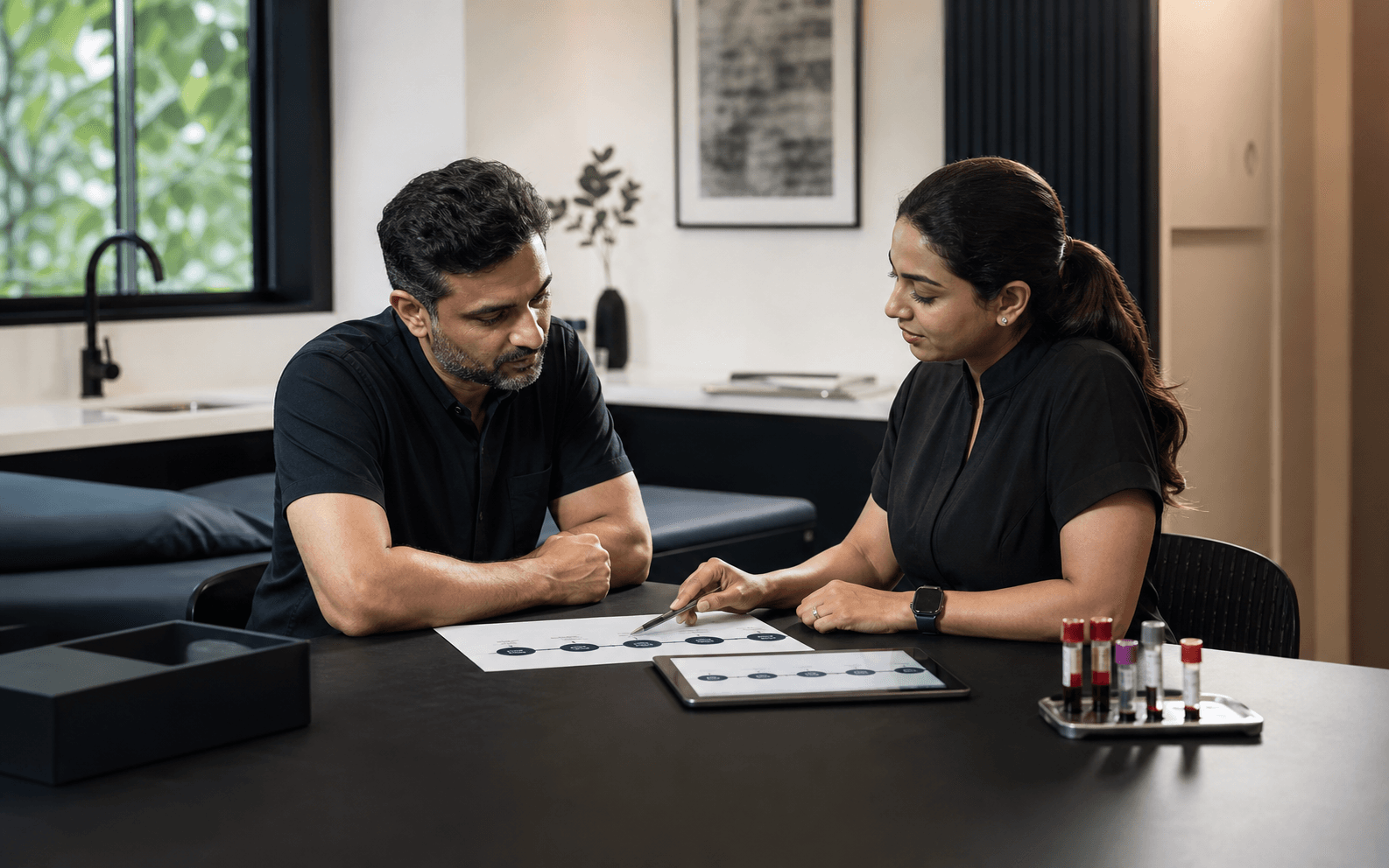 An Indian client reviewing a four-checkpoint annual health testing plan with a Lyxaa clinician in a black uniform