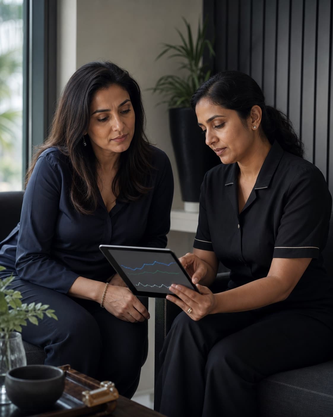A Lyxaa clinician in black reviewing a focused Month 3 health trend with an Indian woman