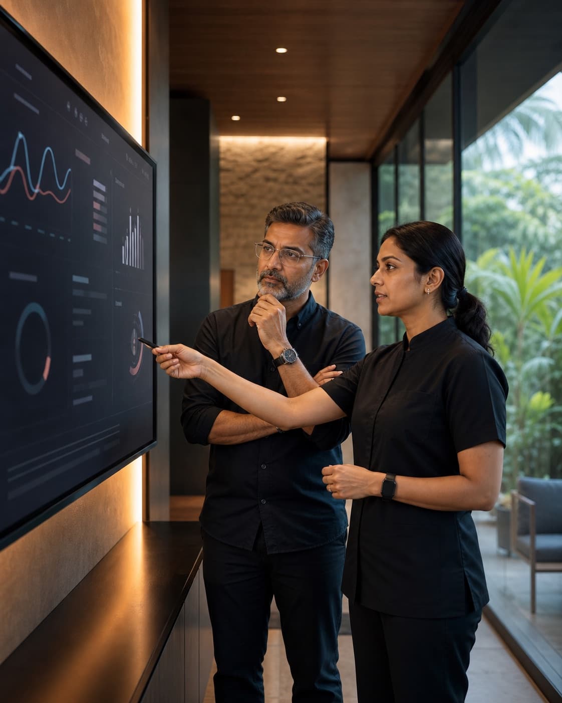 A Lyxaa doctor in black discussing a complete Month 6 trend review with an Indian client