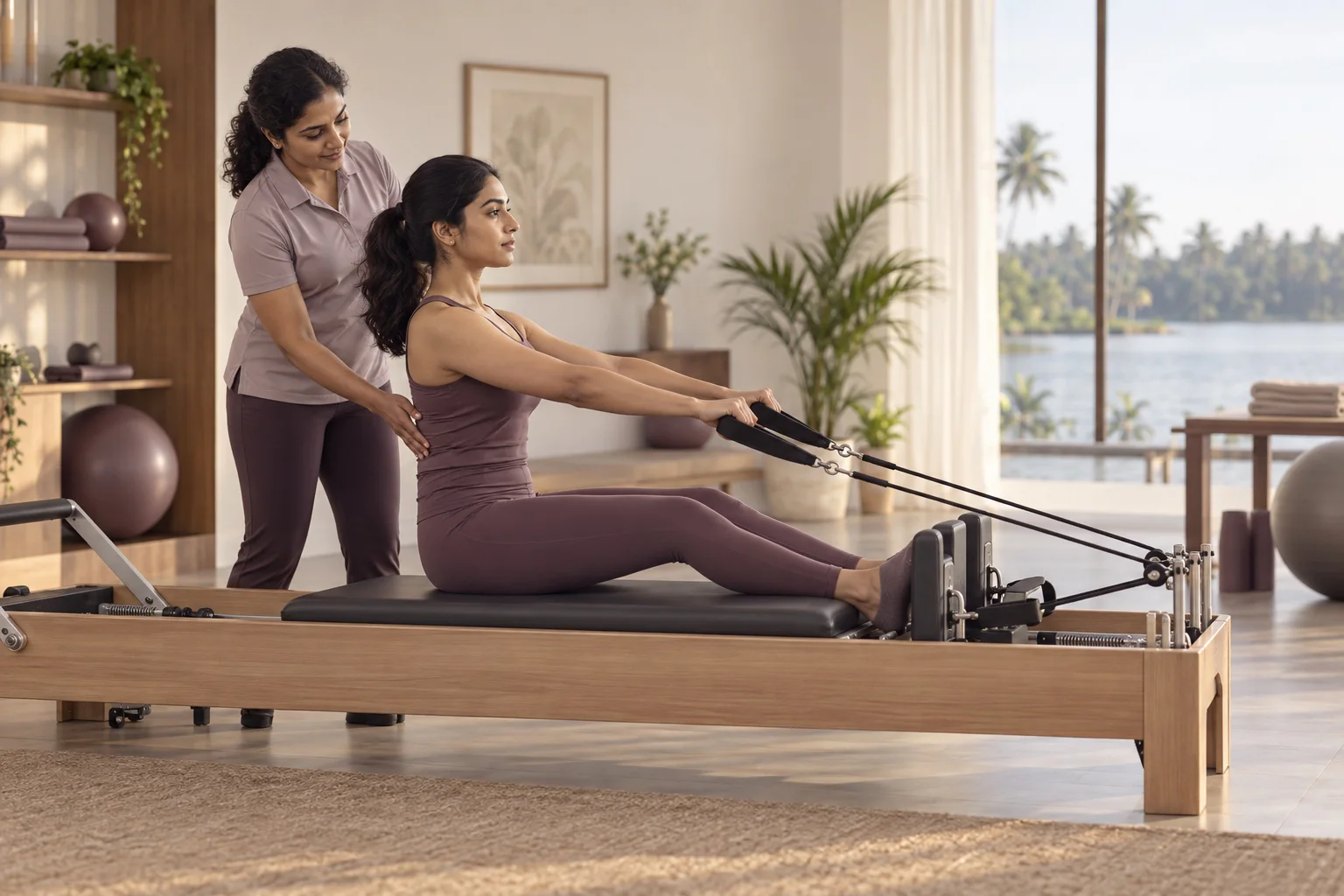 South Indian woman receiving individual guidance on a Clinical Pilates reformer