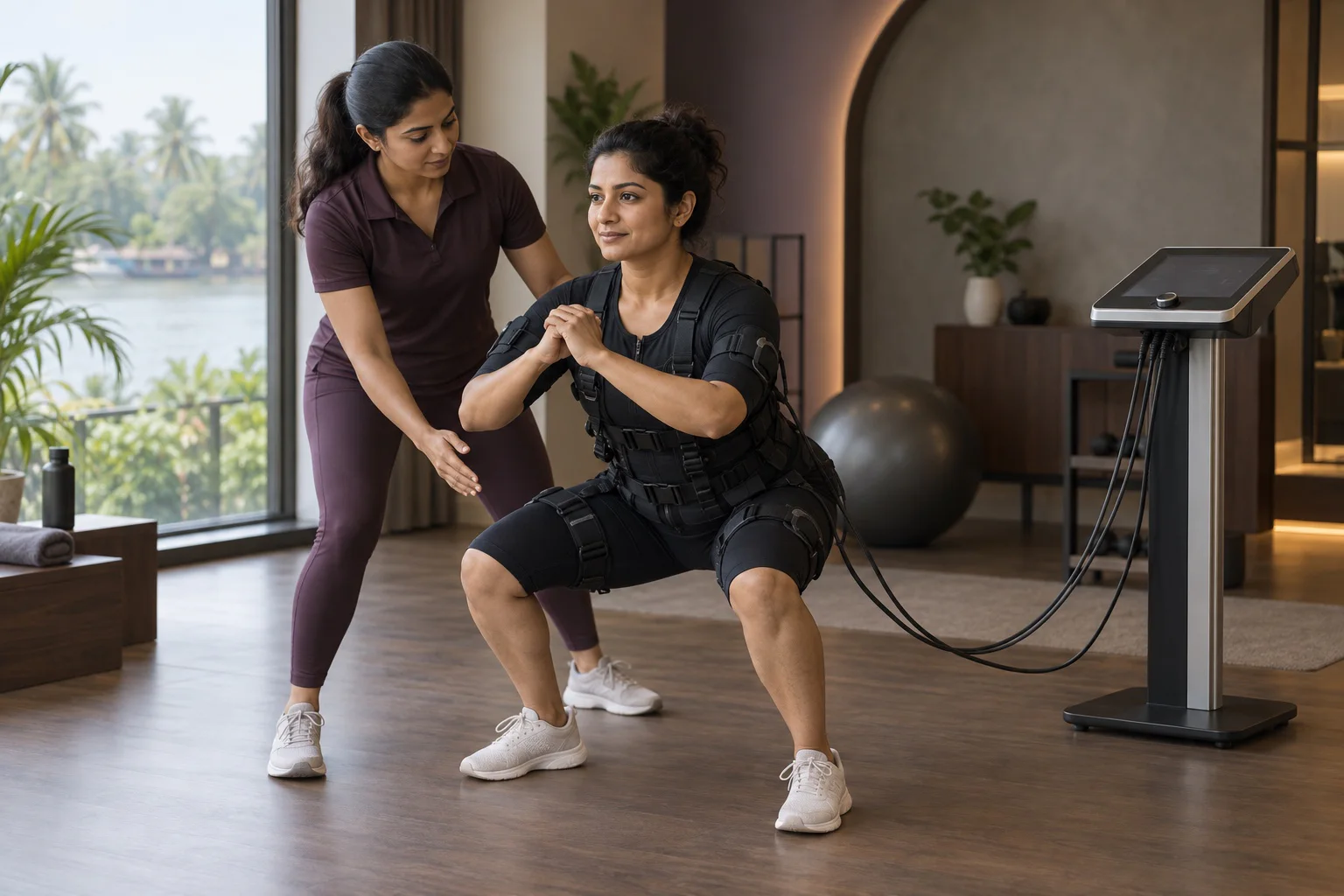 South Indian woman completing a supervised EMS strength training session