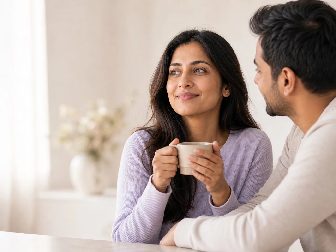 Woman sitting with her partner in a bright home setting
