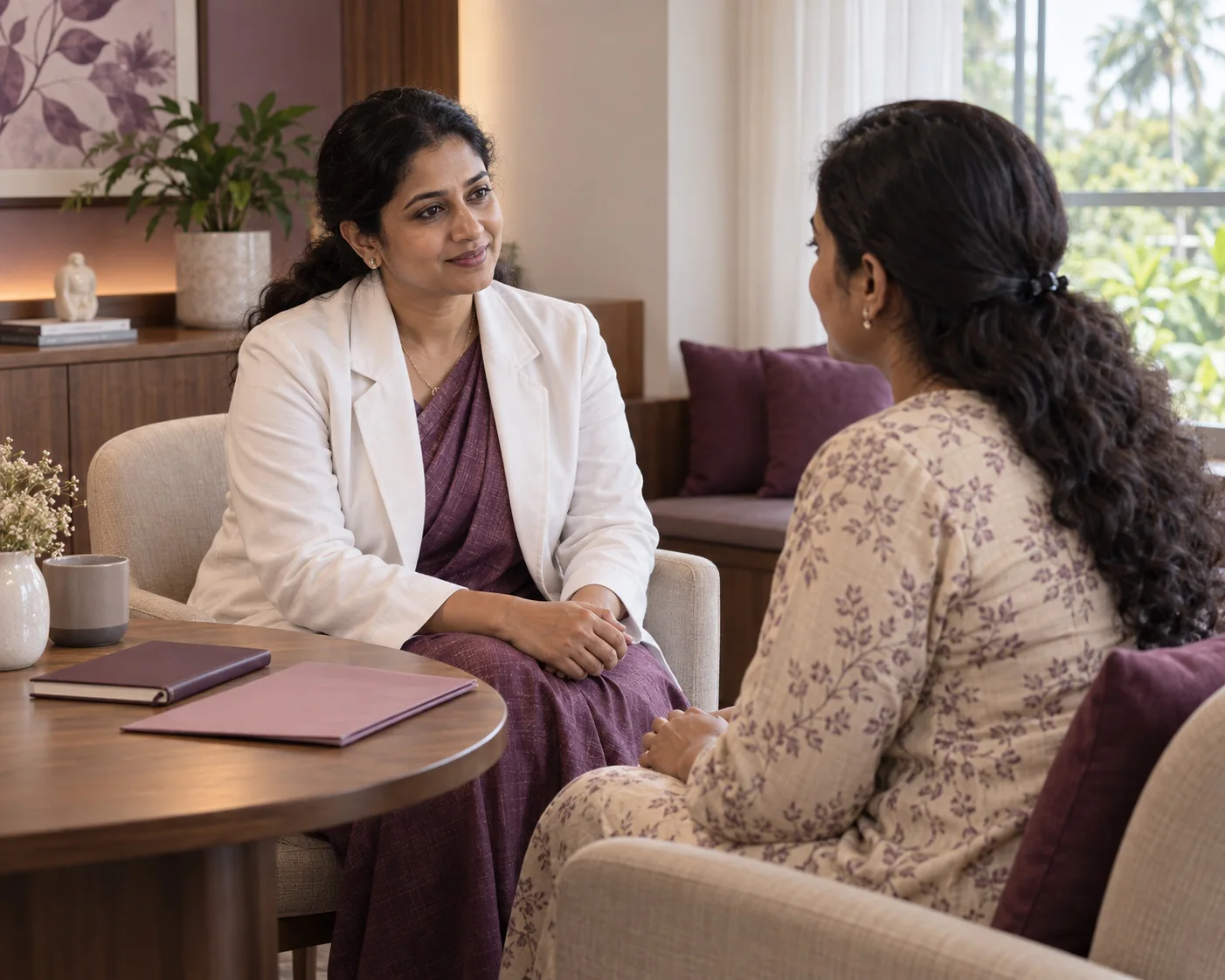 Woman speaking with a clinician during a women's health consultation
