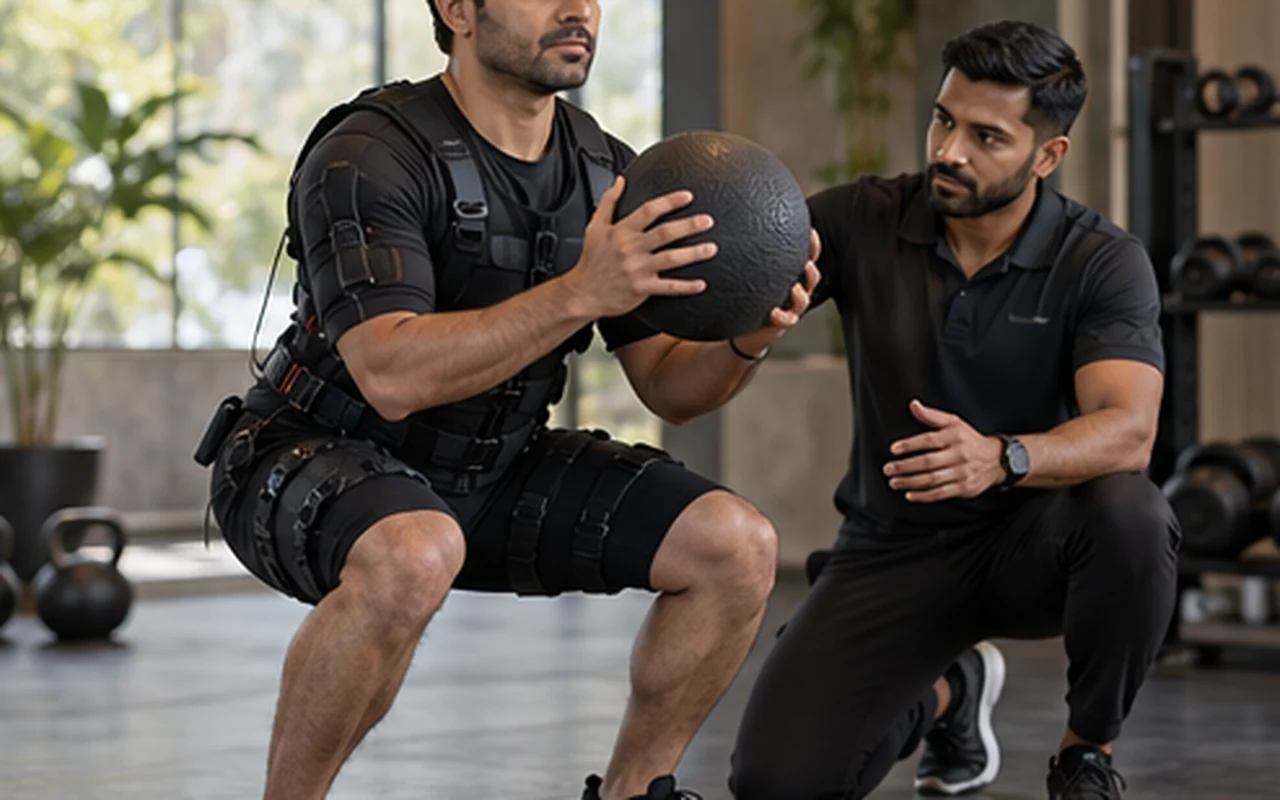 Indian trainer supervising a functional strength movement in an EMS garment