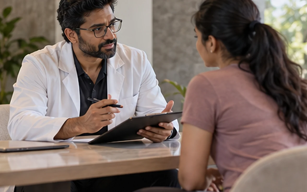 Indian clinician reviewing health history and EMS suitability with a client
