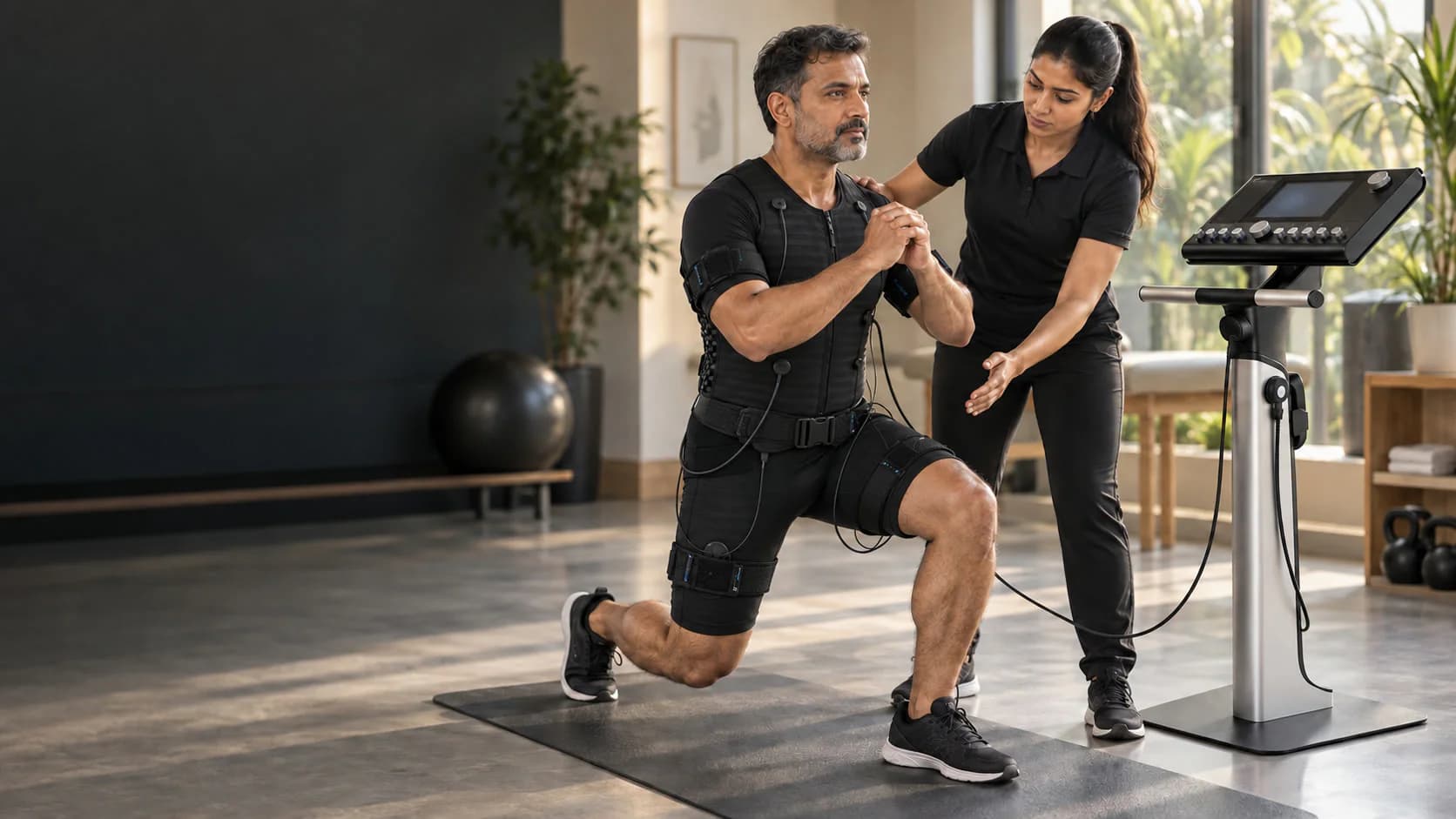 Lyxaa trainer guiding a split squat in fitted black textile whole-body EMS garments in Kozhikode