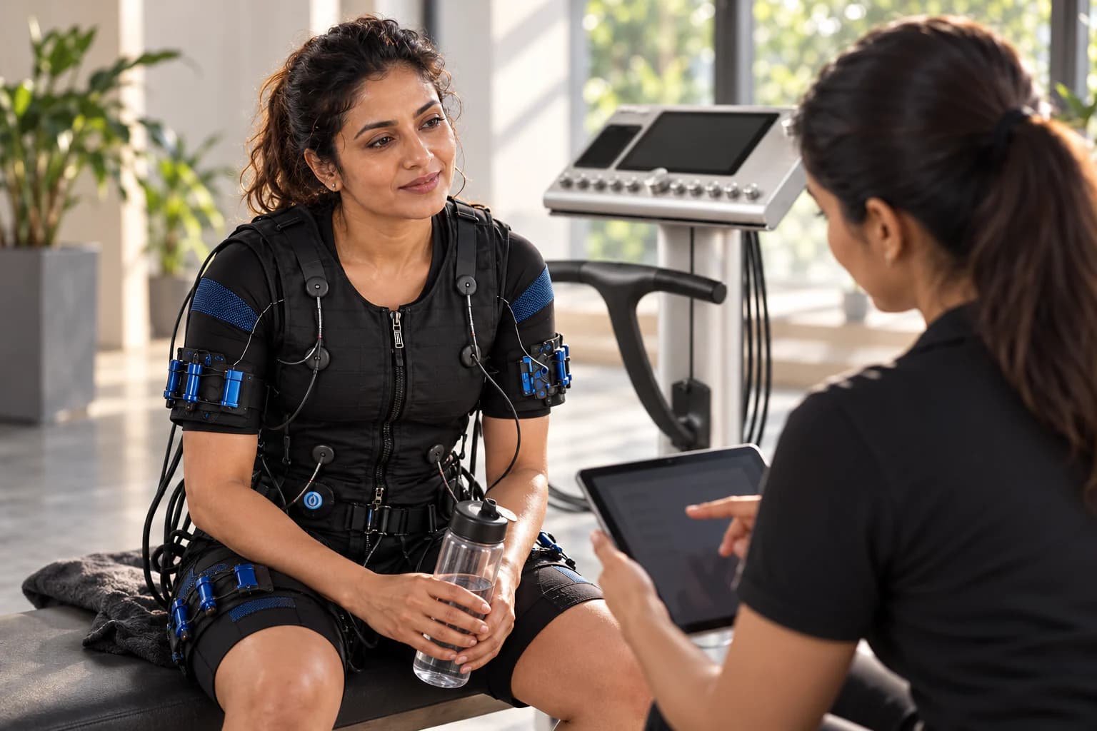 EMS trainer reviewing recovery and session response with an adult after supervised whole-body EMS training