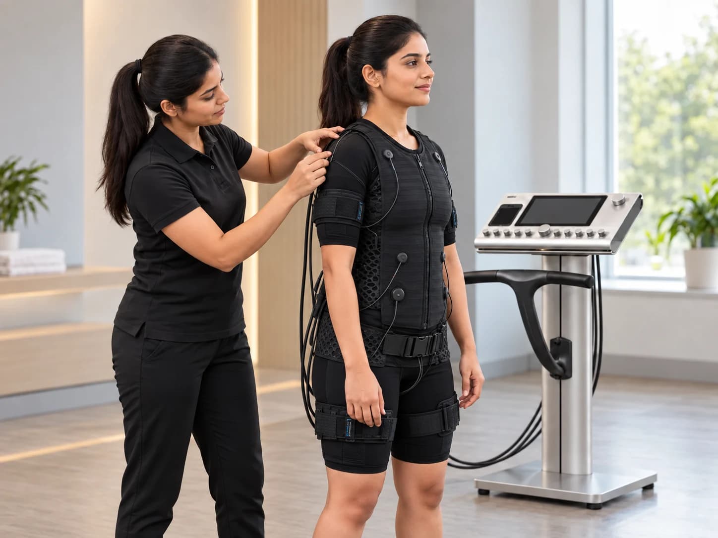 Lyxaa trainer checking a fitted black textile EMS vest, fabric cuffs and contact leads before a supervised session