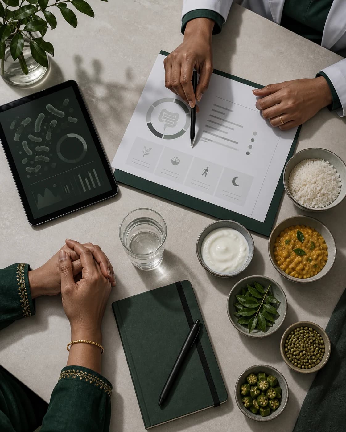 A personalised gut health care plan being reviewed with familiar Indian foods
