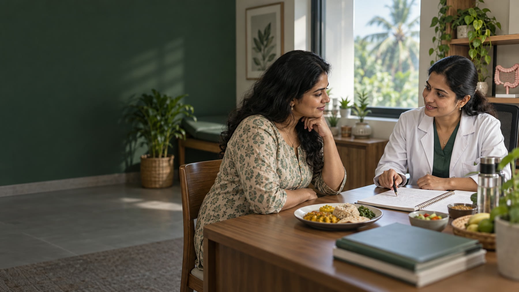 Indian adult reviewing an IBS symptom and meal journal at home