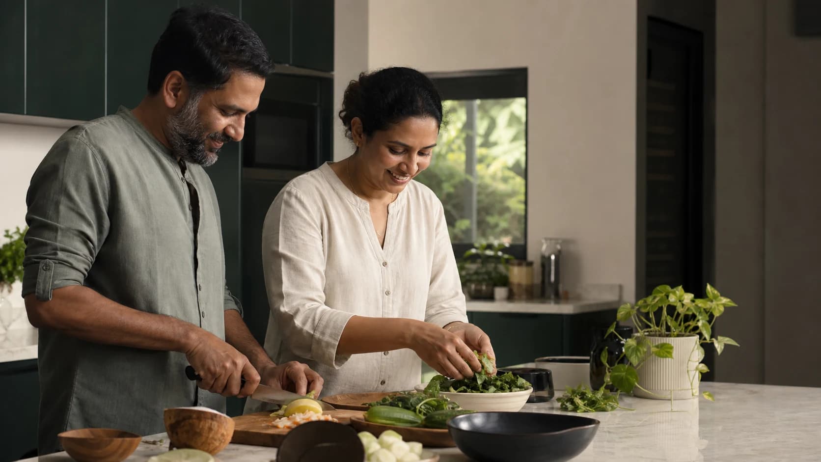 A couple preparing an everyday meal as part of a practical gut health routine