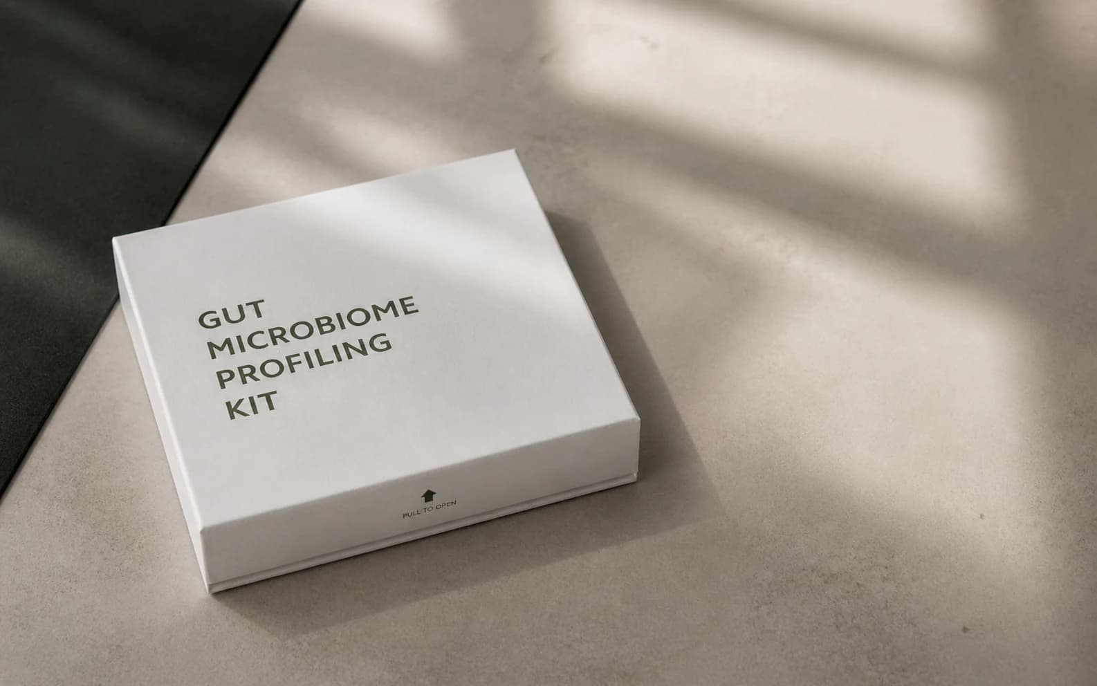 Gut microbiome profiling kit photographed from above in soft clinical daylight