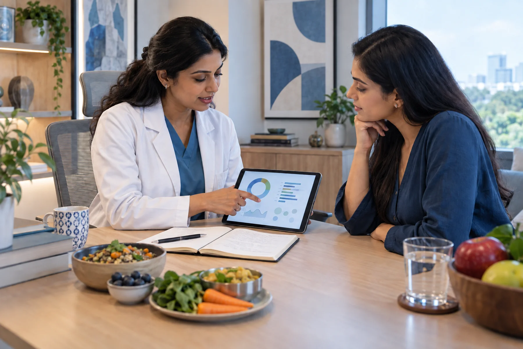 Clinical dietitian reviewing an epigenetic nutrition report with an Indian client