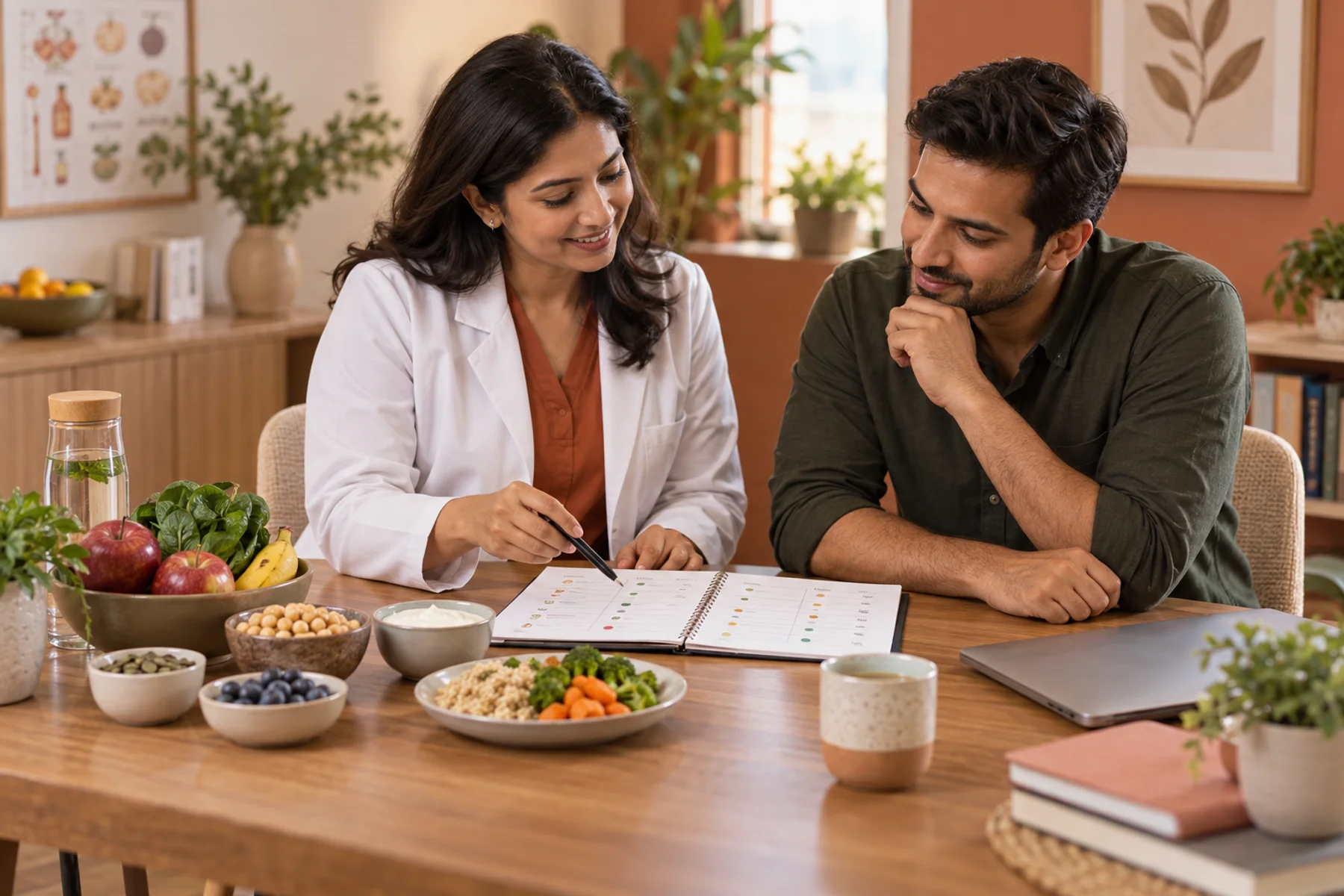Clinical dietitian helping an Indian client use a food and symptom diary for intolerance care