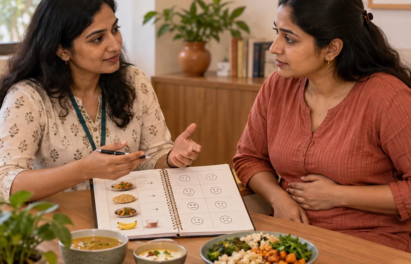 Clinical nutrition consultation for recurring bloating using a food and symptom diary
