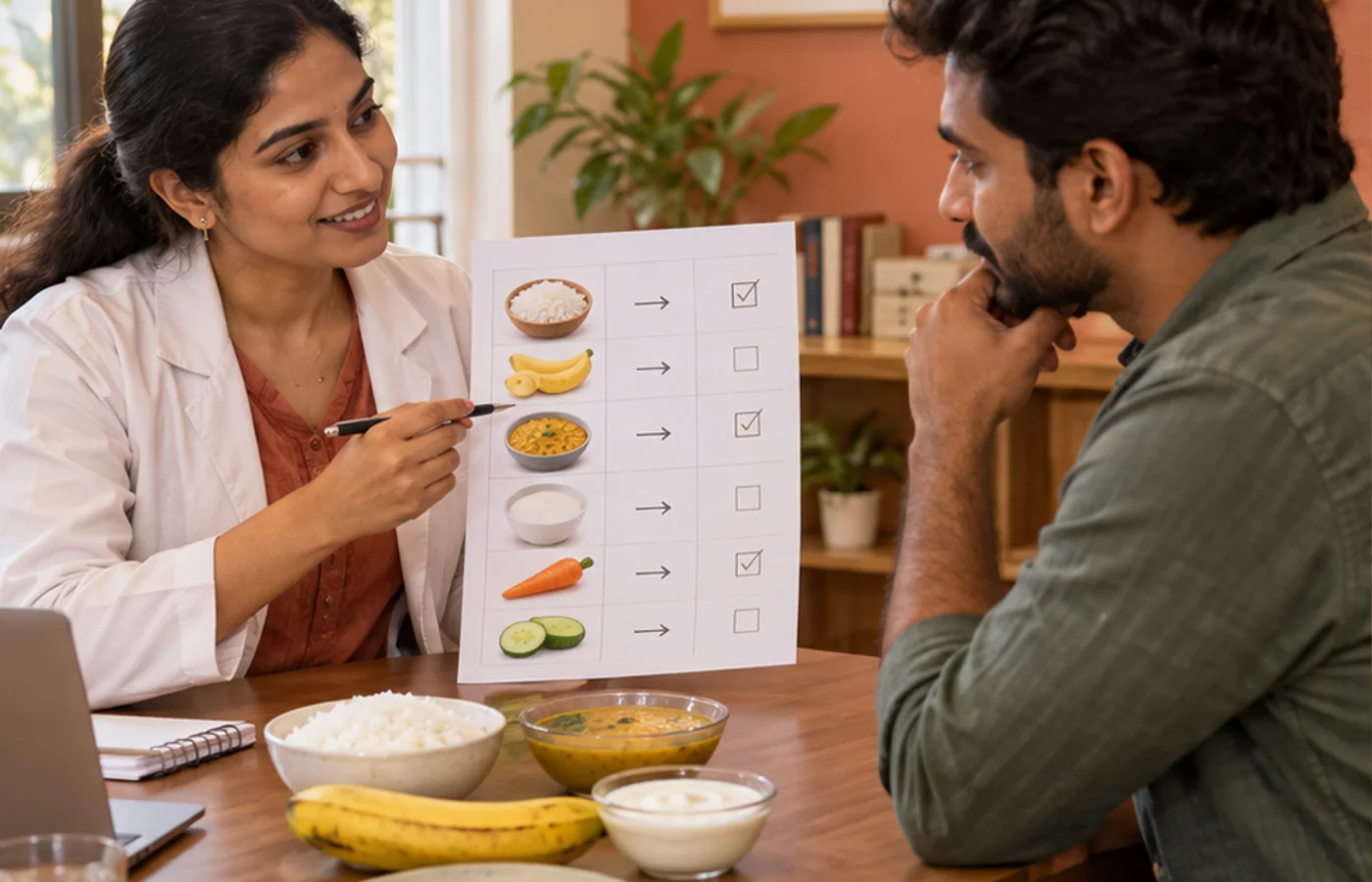 Dietitian explaining food reintroduction during an Indian food intolerance consultation