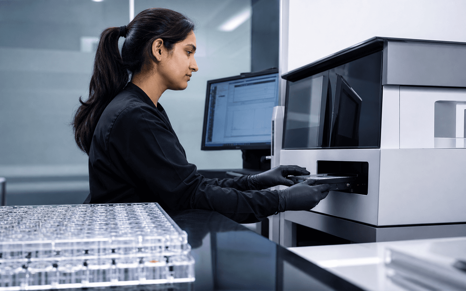 An Indian laboratory professional in a black uniform operating an epigenetic assay scanner