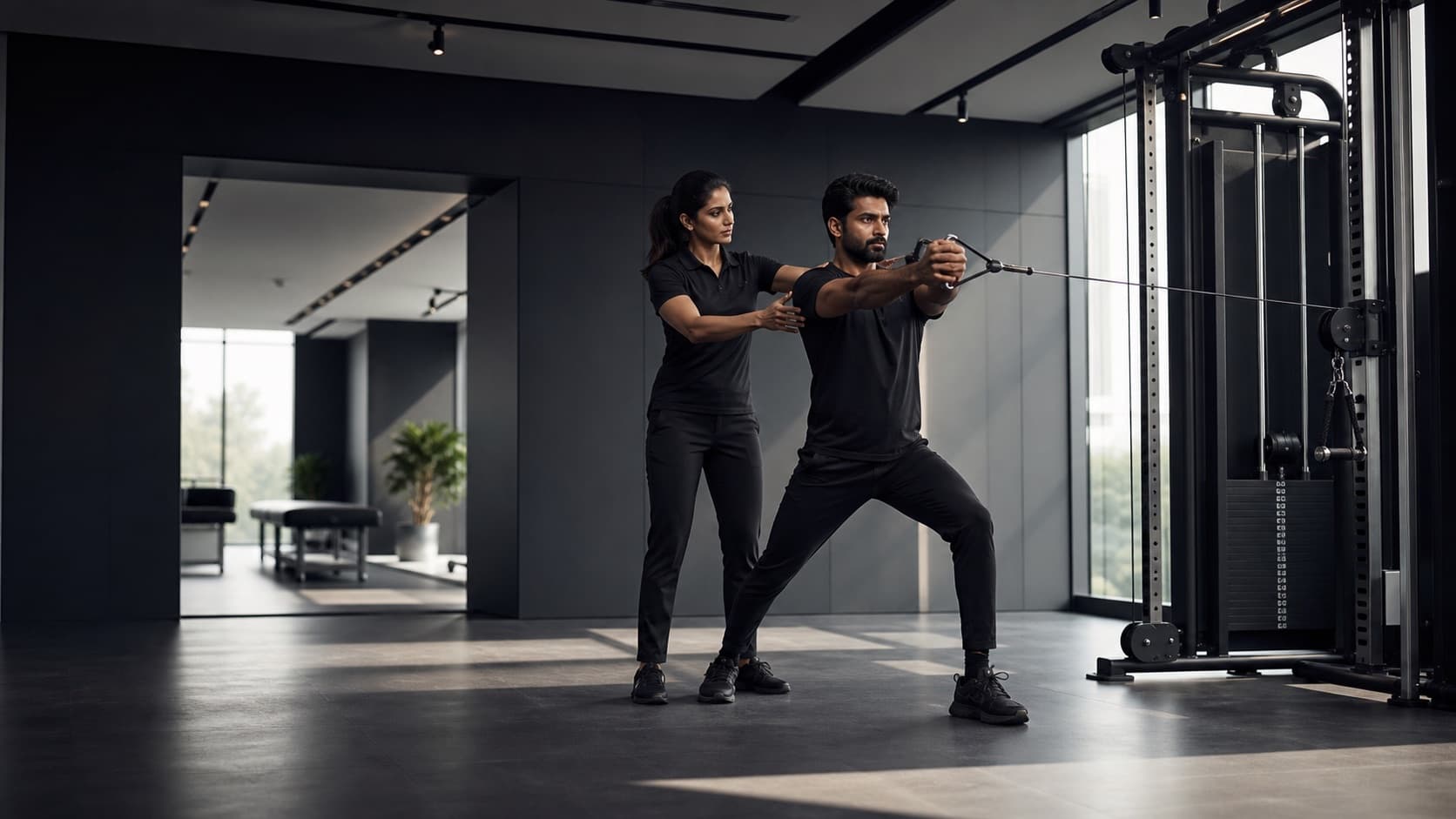 A Lyxaa functional training coach in black guiding an Indian client through controlled resistance movement