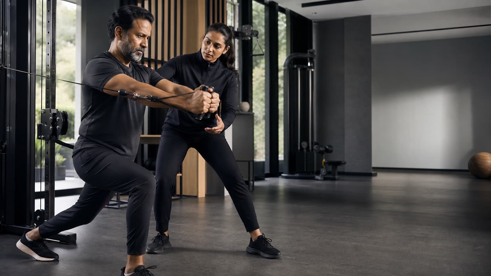 A functional training coach in black guiding an Indian male client through controlled movement