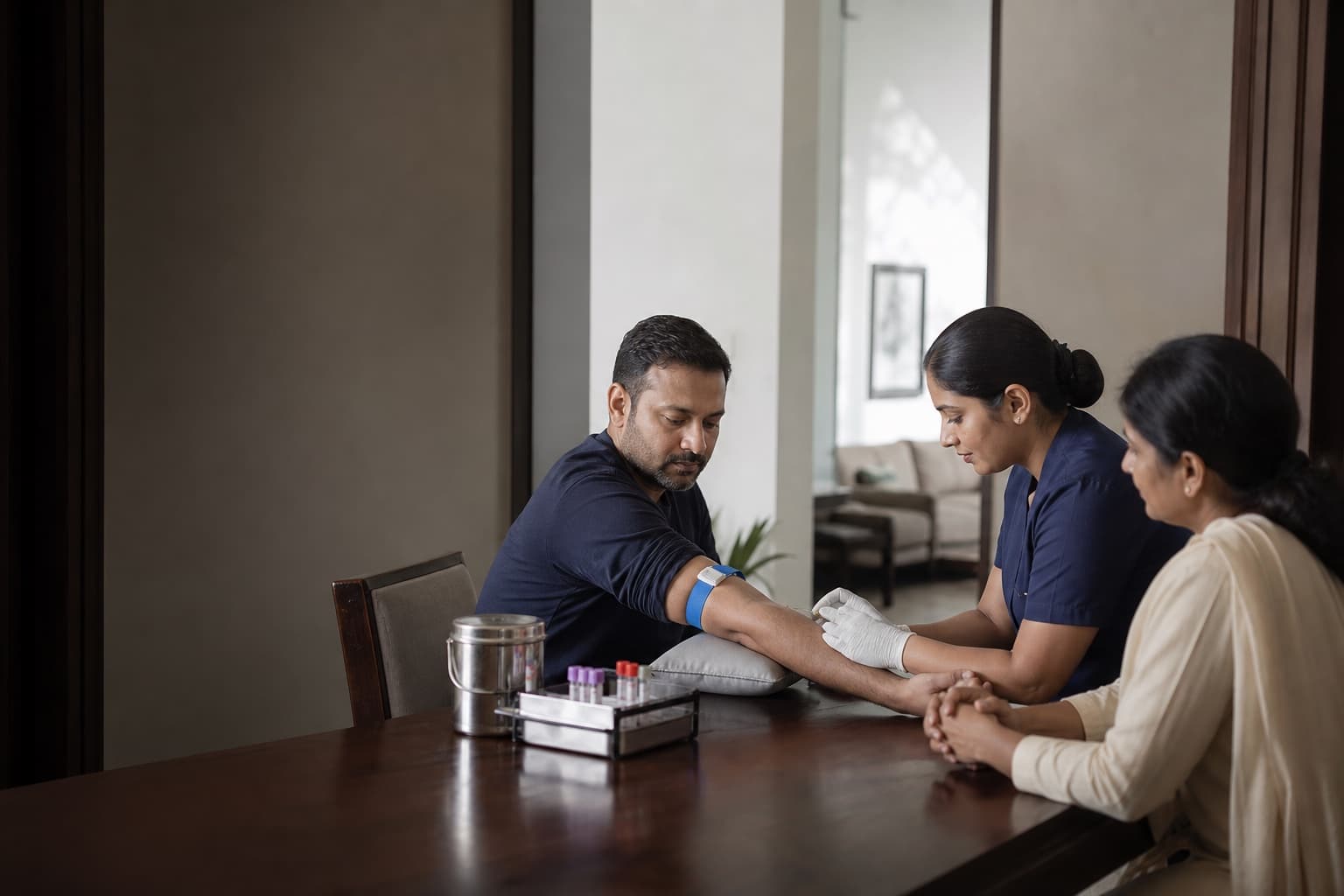 A Lyxaa clinician preparing a blood sample collection at home
