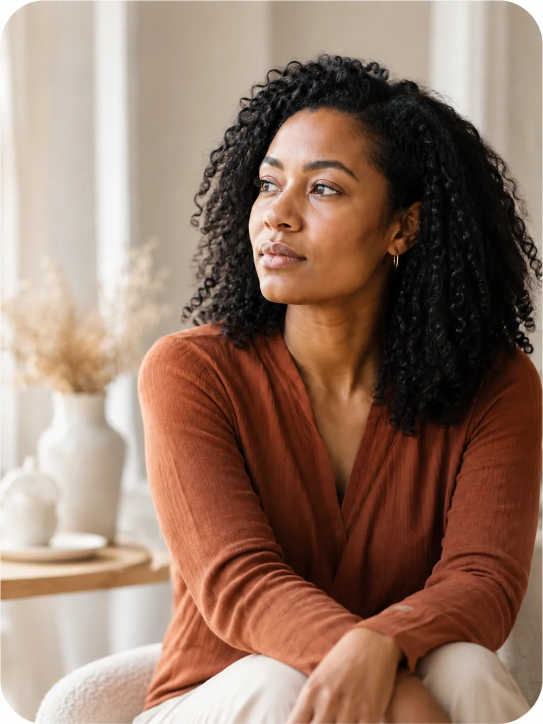 Woman seated in a calm space for a private conversation