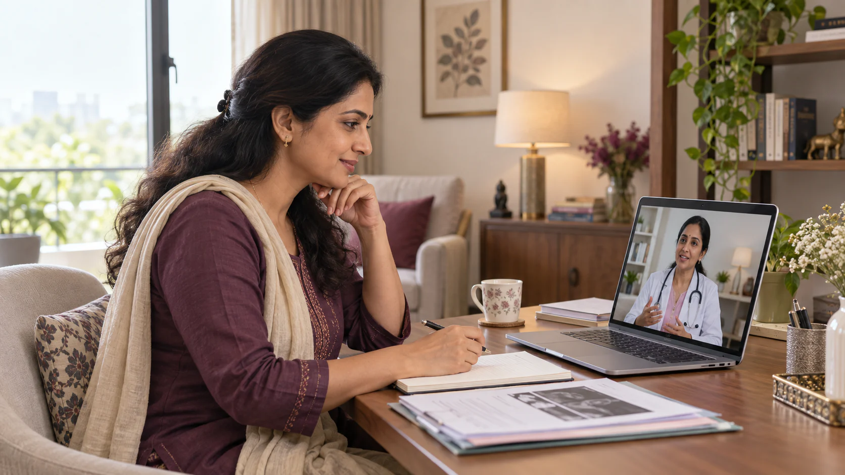 Woman speaking privately with a clinician during an online health consultation