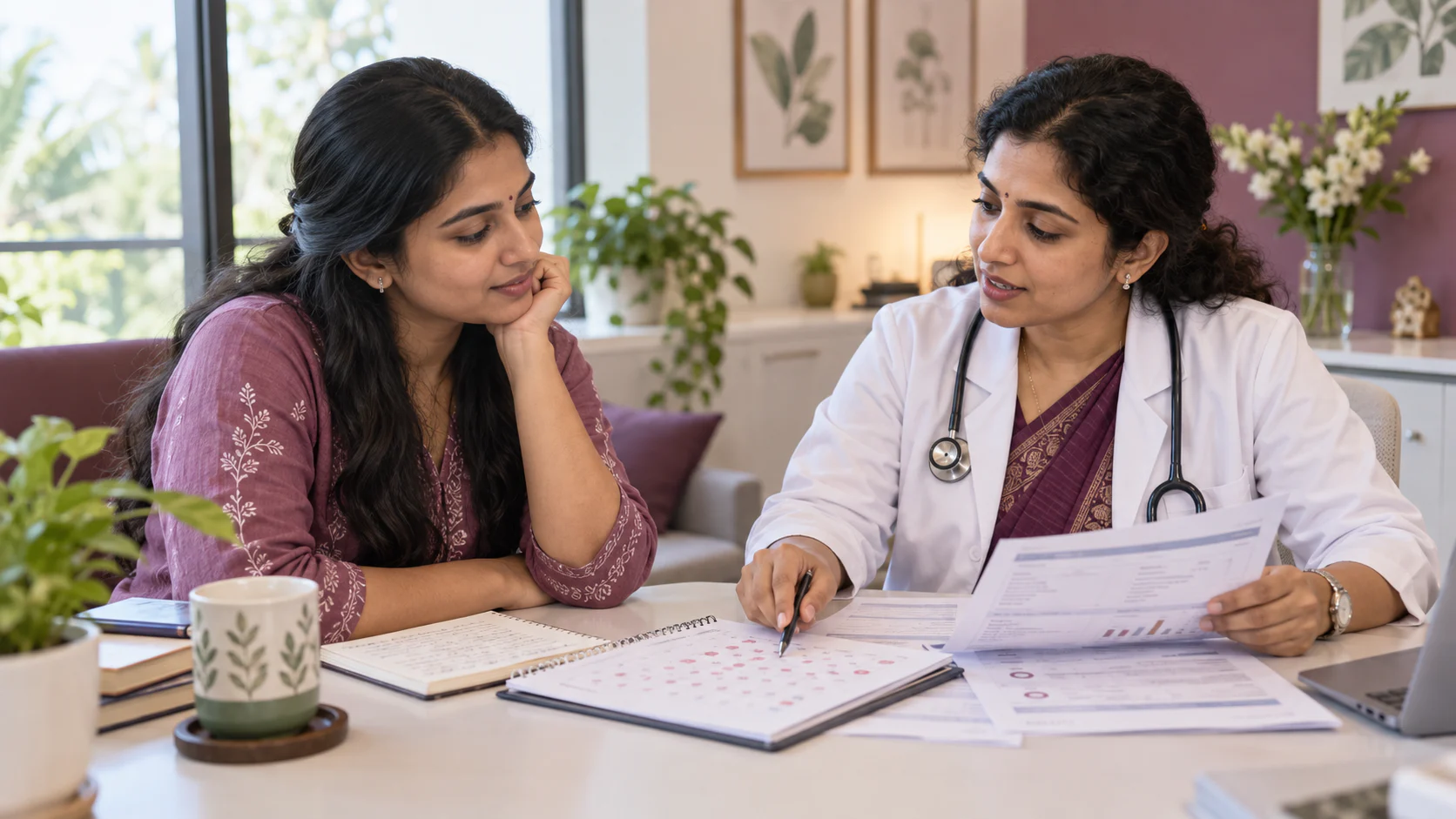 Woman and clinician reviewing cycle notes and selected test results for PCOS assessment