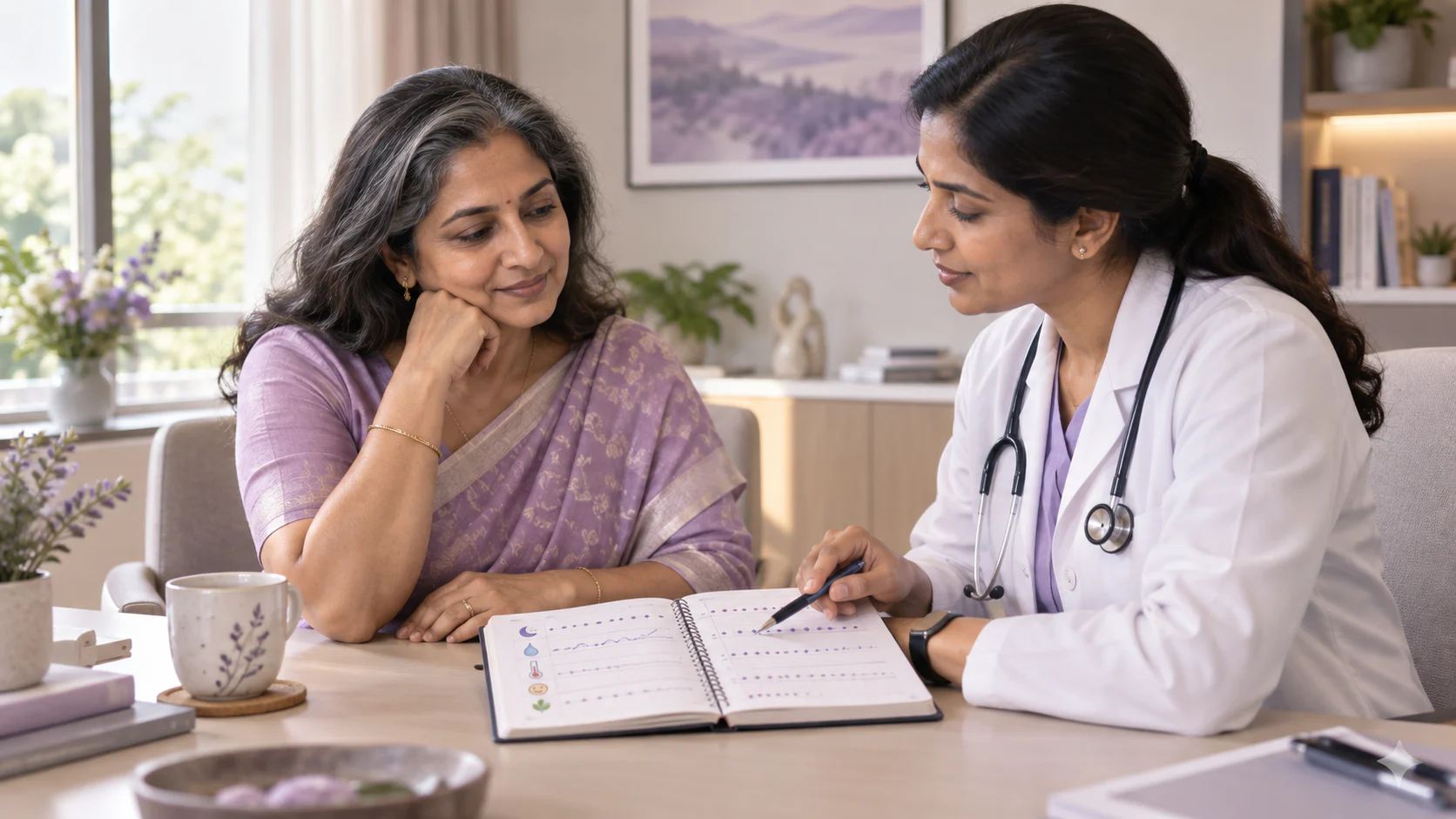 Midlife woman reviewing sleep and cycle changes with a clinician