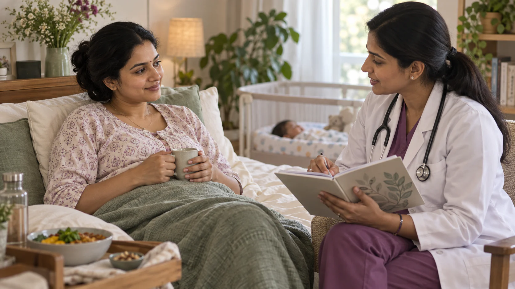 Mother discussing postpartum recovery and nourishment with a clinician at home