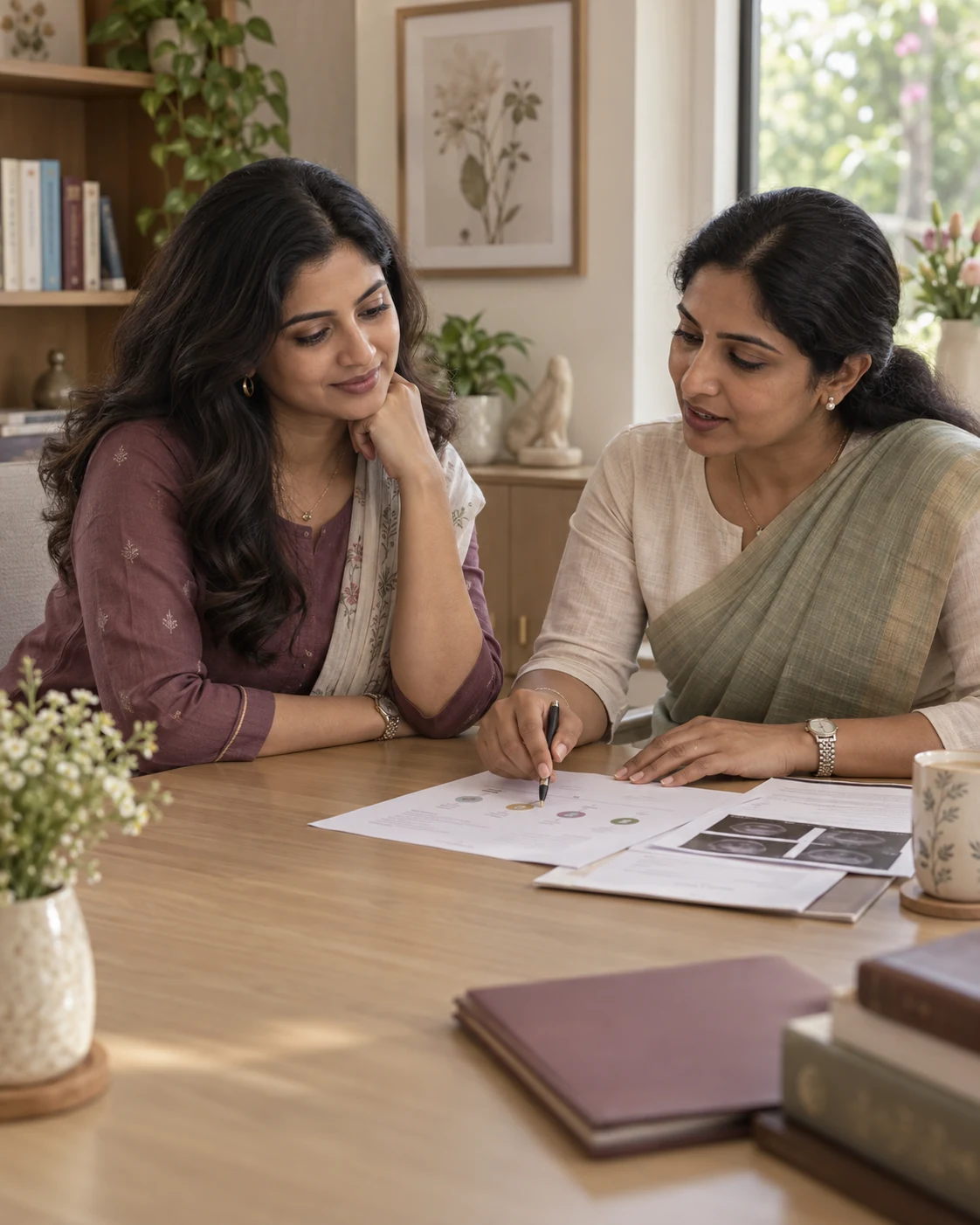 South Indian woman and clinician reviewing a clear women's health care plan together