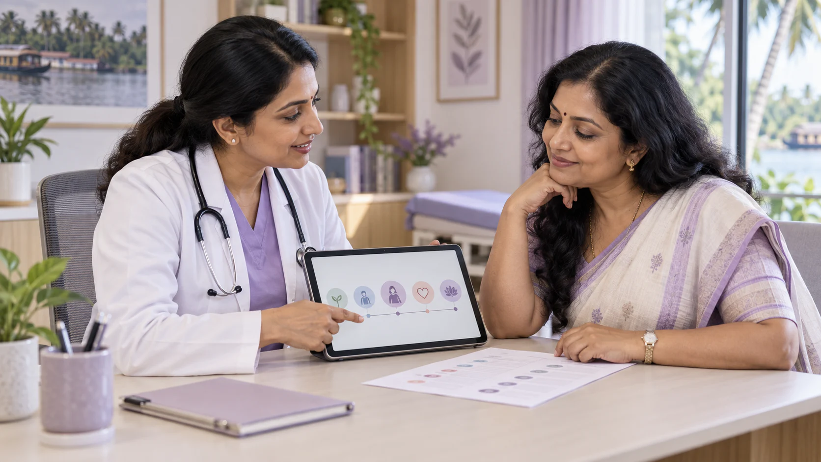 Clinician explaining a life-stage preventive health plan to a woman