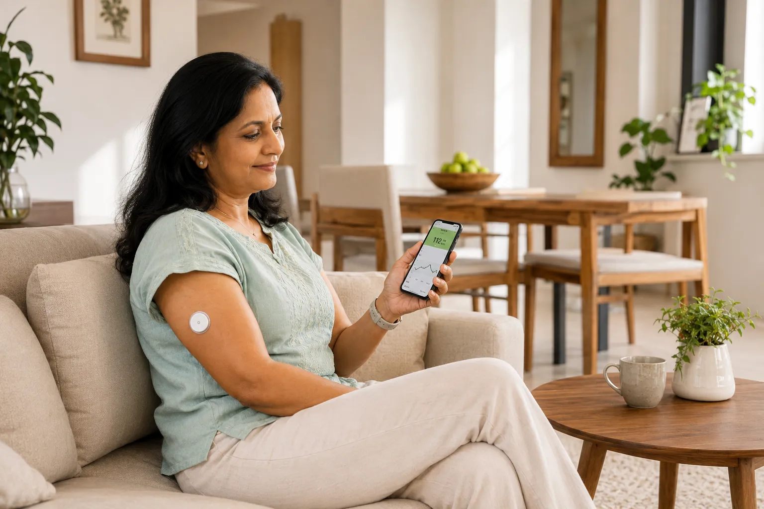 A woman reviewing continuous glucose data on her phone