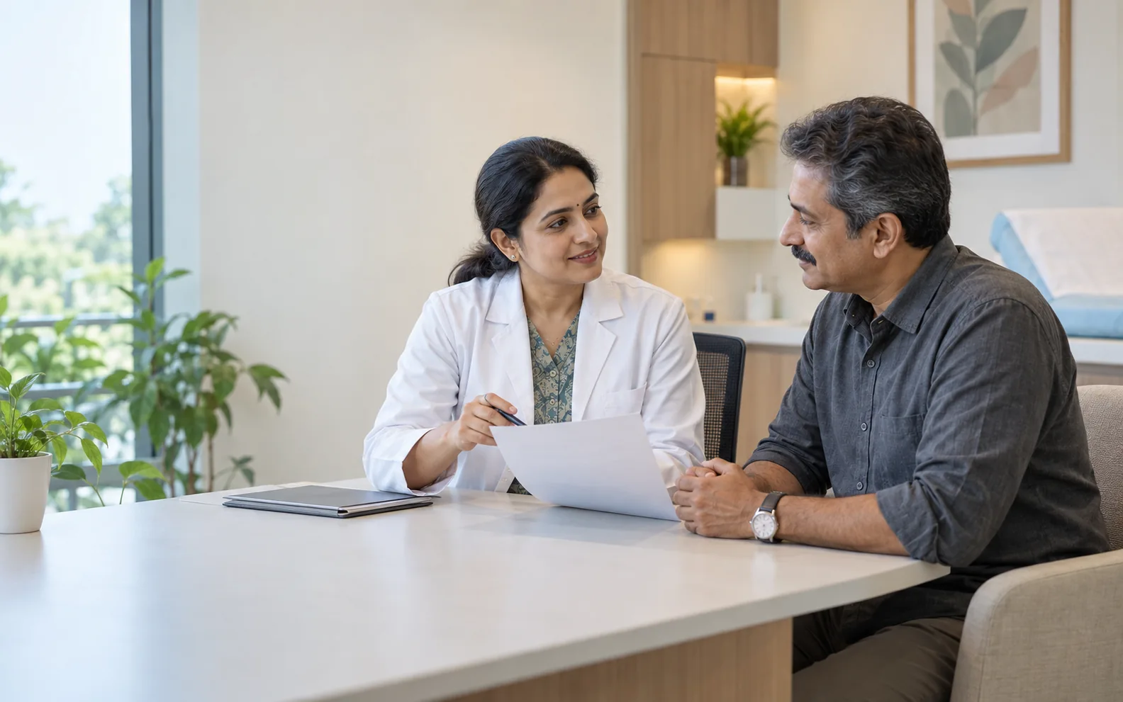 An Indian physician and member reviewing a preventive health plan together