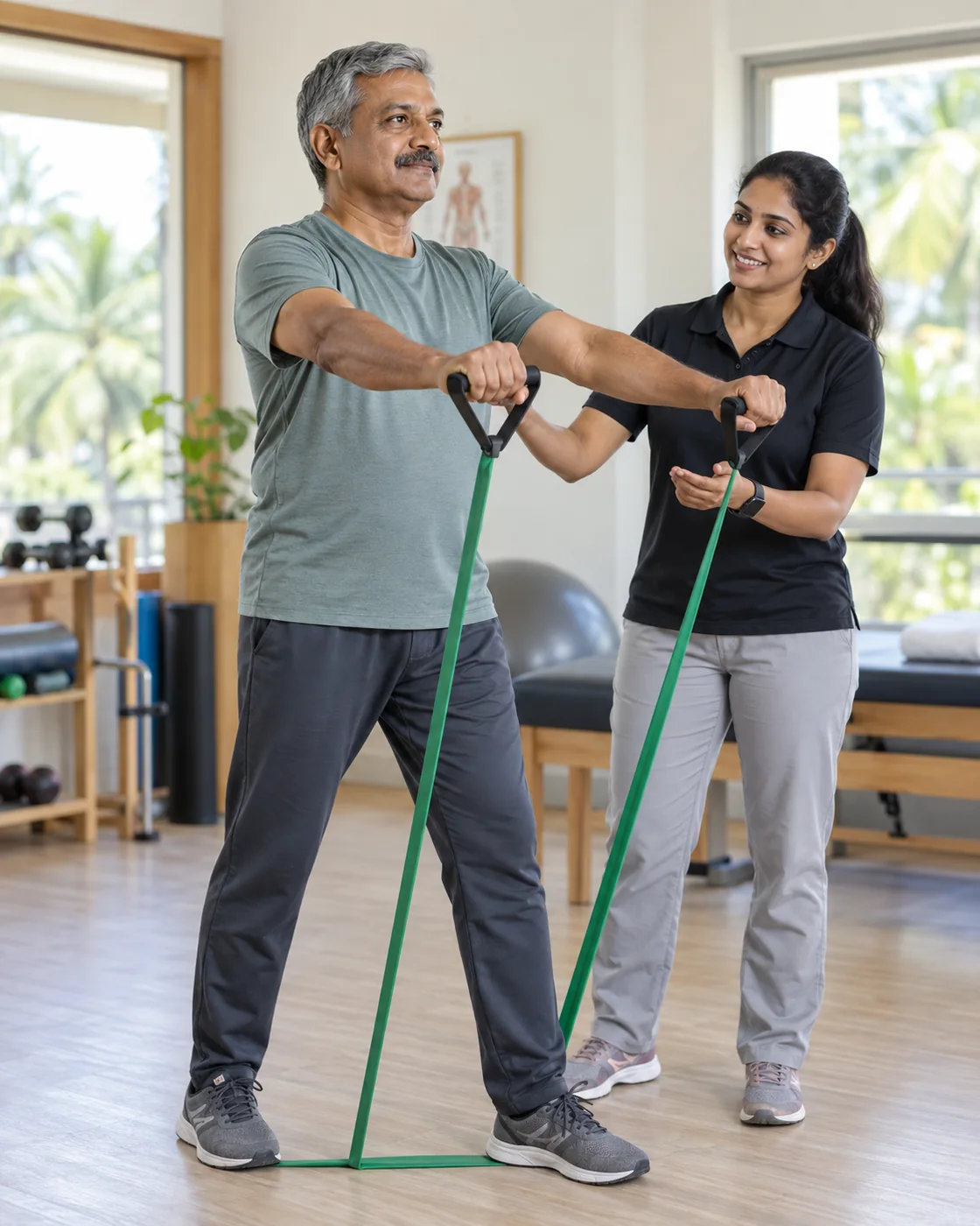 An Indian adult completing supervised strength and mobility training