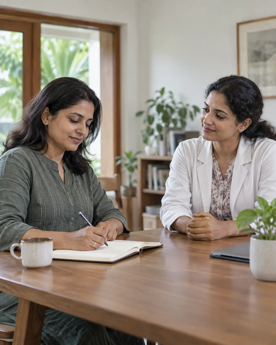 An Indian adult reflecting during a calm guided wellbeing session