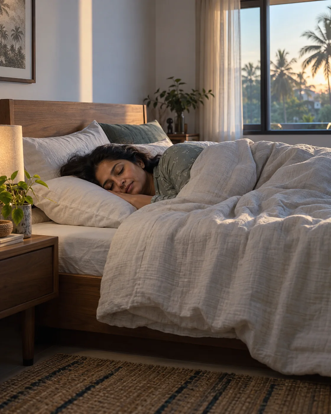 An Indian adult resting naturally in a calm bedroom at dawn