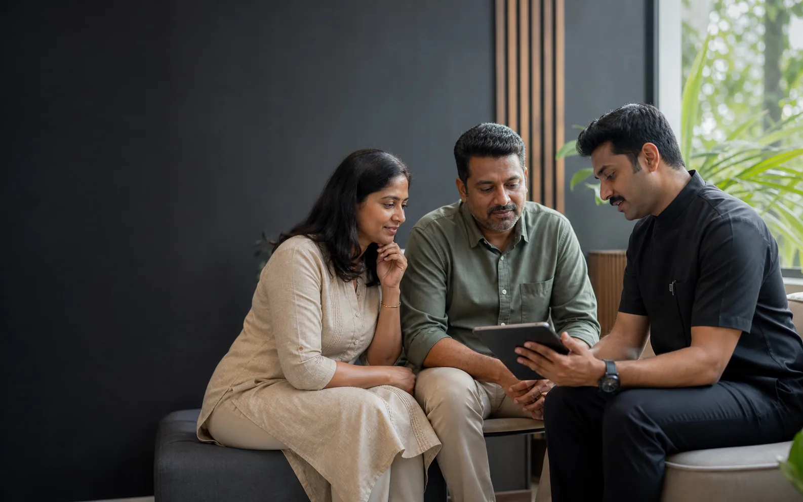 A Lyxaa clinician in a black uniform discussing a doctor-led weight optimisation plan with two adults