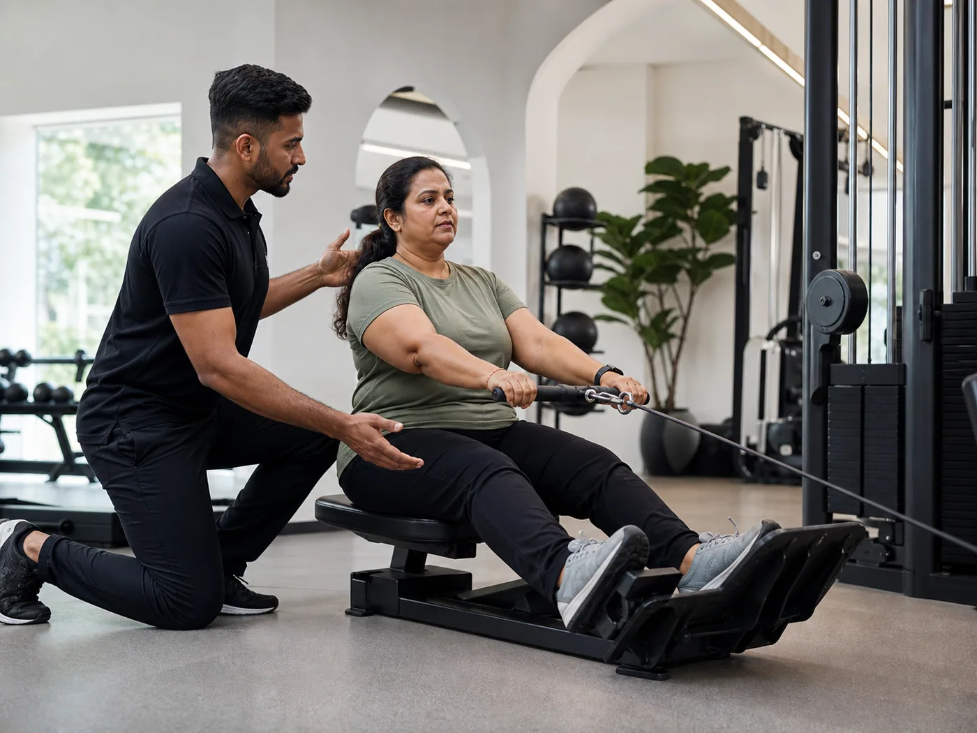 A Lyxaa trainer in a black uniform guiding a woman through controlled strength training